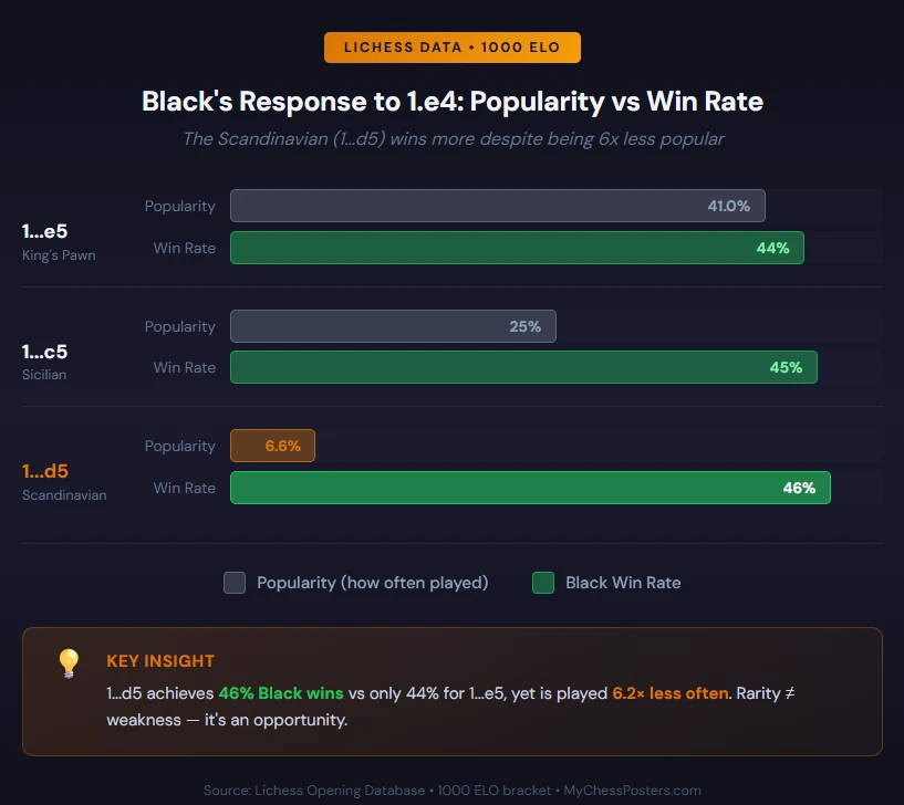 scandinavian defense 1000 elo win rate comparison showing d5 at 46% versus e5 at 44%