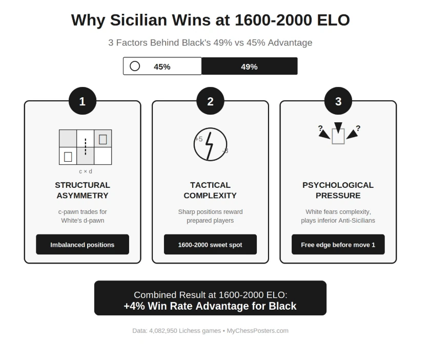 sicilian defense win rate 1600-2000 elo factors asymmetry tactics psychology